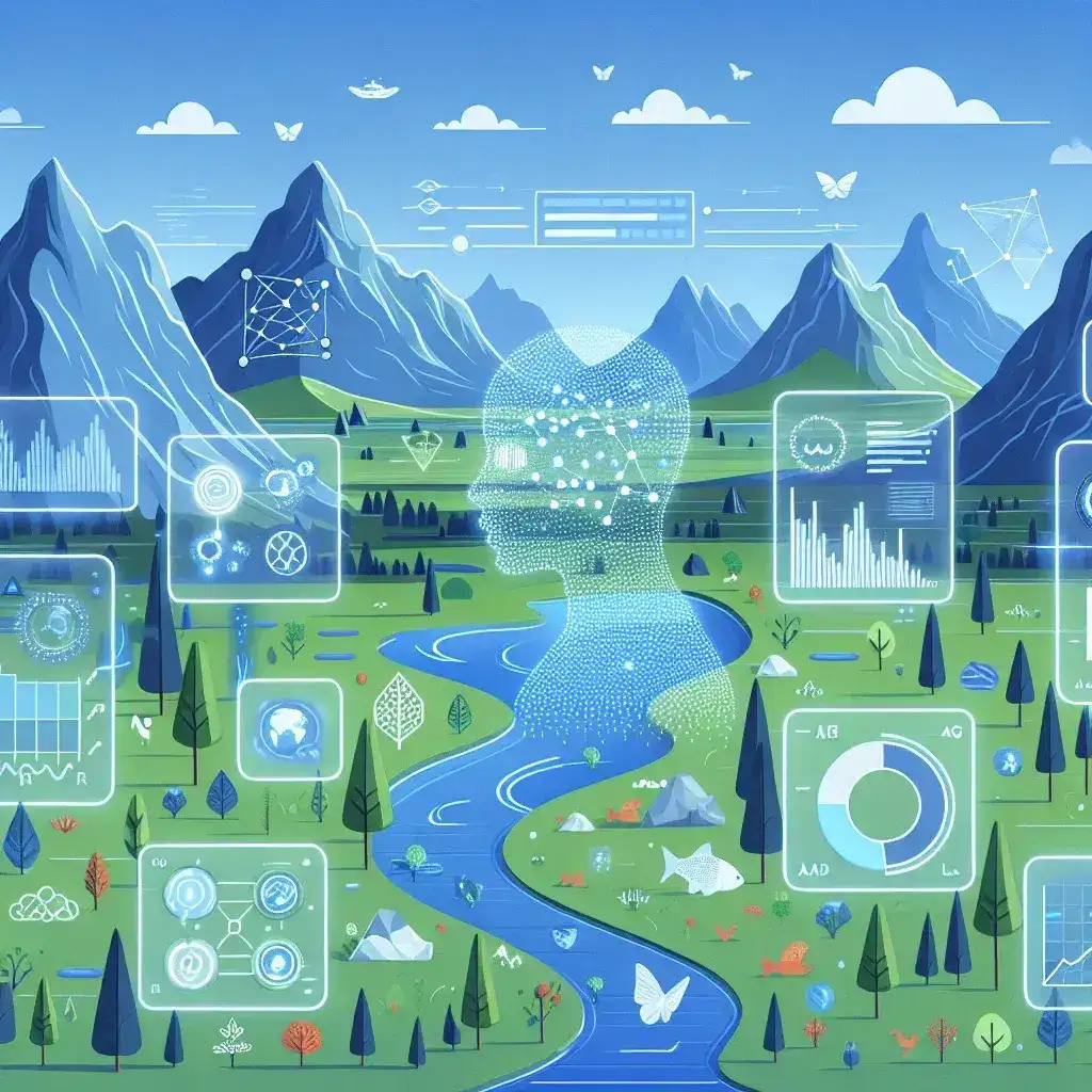 "Gráfico ilustrativo que muestra el uso de la inteligencia artificial en el análisis de datos ambientales, destacando técnicas de procesamiento de datos y visualización de resultados para la sostenibilidad."